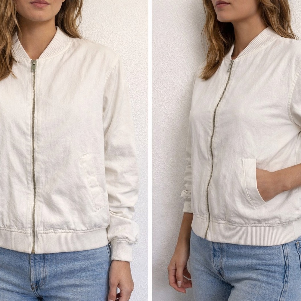Zara White Bomber Jacket Women’s Size Medium Lightweight Zip Up